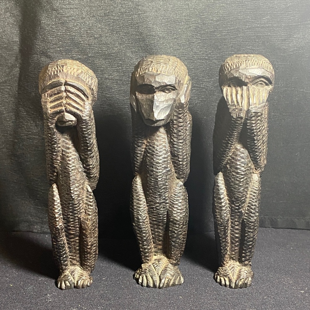Vtg 3 Wise Monkeys Carved Ebonised Wooden Statues Hear See Hear Speak No Evil